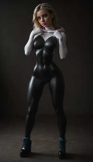 (((18 years old))), (((young))), (spider girl Gwen Stacy), Braided side Side Cornrows white Hair, (seductive shy face), (tied platform high shoes:1.4), (boots above the knee), (seductive sexy pose), ((tight outfit)), (athletic body:1.5), (athletic abs and legs:1.1), (hip gap:1.3), wide hips, (narrow waist:1.6), (white hair), (view from front:1.6), standing into the office, (makeup), ((pussy cameltoe:1.4)), (wet oiled clothes), (makeup:1.4), (oiled bodysuit:1.7), (wet tight bodysuit:1.8), hand, 1girl, (athletic ass), (high detailed face:1.5), dim lights, (hard nipples:1.2), big perky boobs, (chiaroscuro lighting:.3), <lora:HandFineTuning_XL:1>, <lora:MGLRbodysuit_sdxl:.6>, <lora:uberfit_lora_sdxl:.4>, <lora:dark:.3>, <lora:M0llY_PARK3R-000001:.8>