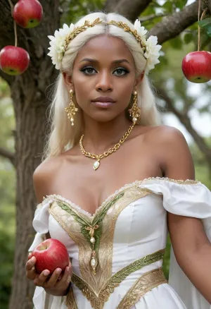Elf woman, milf, long flowing platinum blonde hair, pointed elf ears, white flowers in her hair, gold headpiece on her forehead, dark skin, white tribal tattoos on her arms and shoulders, blue eyes, small nose, full lips, slightly open-mouthed expression, large pearl earrings, pearl necklace with gold accents, form-fitting elegant white off-shoulder dress with ornate gold and pearl embellishments and a red ruffled underskirt, dark green sash with gold patterns and hanging tassels tied around her waist, She is reaching up to pick a red apple from a tree, confident/serene demeanor, outdoors, fantasy setting