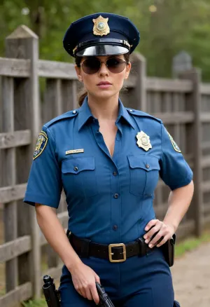 female police officer, angular face, cheekbones, (cleavage), (((massive breasts))), (button strain), ((massive hips)), dark hair tied back, (tight police uniform), tight partially unbuttoned blue shirt, tight dark pants, police cap, sunglasses, holding a gun, walking, outdoor setting, wooden fence, expression of surprise or anger, mid-ground focus, detailed uniform, action pose, visible holster.