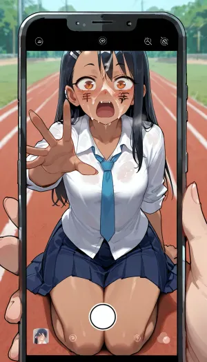 Hayase Nagatoro, small breasts, Look a viewer, shocked, face covered cum, raising straight hand to block the viewer, blocking the view, facial cum, Kneeling, outdoor, Model, fully clothed, in phone screen, face writing