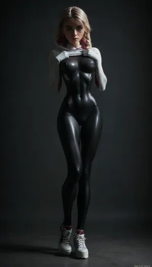 (((18 years old))), (((young))), (spider girl Gwen Stacy), Braided side Side Cornrows white Hair, (seductive shy face), (tied platform shoes), (seductive sexy pose), ((tight outfit)), (athletic body:1.5), (athletic abs and legs:1.1), (hip gap:1.3), wide hips, (narrow waist:1.6), (white hair), (view from front:1.6), standing into the office, (makeup), ((pussy cameltoe:1.4)), (wet oiled clothes), (makeup:1.4), (oiled skin:1.7), (wet tight bodysuit:1.8), hand, 1girl, (athletic ass), (high detailed face:1.5), dim lights, (hard nipples:1.3), (big perky boobs:1.2), big breast, (chiaroscuro lighting:.3), <lora:HandFineTuning_XL:1>, <lora:MGLRbodysuit_sdxl:.6>, <lora:uberfit_lora_sdxl:.4>, <lora:dark:.3>, <lora:M0llY_PARK3R-000001:.8>