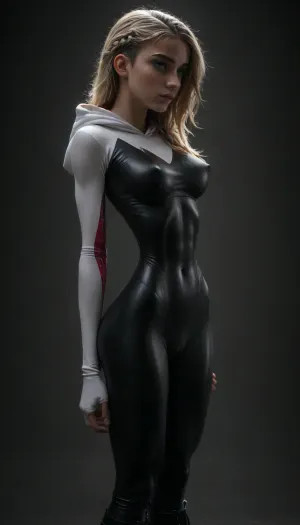 (((18 years old))), (((young))), (spider girl Gwen Stacy), Braided side Side Cornrows white Hair, (seductive shy face), (tied platform boots), (seductive sexy pose), ((tight outfit)), (athletic body:1.5), (athletic abs and legs:1.1), (hip gap:1.3), wide hips, (narrow waist:1.6), (white hair), (view from side:1.6), standing into the office, (makeup), ((pussy cameltoe:1.4)), (wet oiled clothes), (makeup:1.4), (oiled skin:1.7), (wet tight bodysuit:1.8), hand, 1girl, (athletic ass), (high detailed face:1.5), dim lights, (hard nipples:1.3), (big perky boobs:1.2), big breast, (chiaroscuro lighting:.3), <lora:HandFineTuning_XL:1>, <lora:MGLRbodysuit_sdxl:.6>, <lora:uberfit_lora_sdxl:.4>, <lora:dark:.3>, <lora:M0llY_PARK3R-000001:.8>