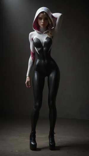 (((18 years old))), (((young))), (spider girl Gwen Stacy), Braided side Side Cornrows white Hair, (seductive shy face), (full body view:1.3), (clubfoot:1.3), ((tied high platform boot)), (seductive sexy pose:1.3), ((tight outfit)), (athletic body:1.5), (athletic abs and legs:1.1), (hip gap:1.3), wide hips, (narrow waist:1.6), (white hair), (view from front:1.6), standing into the office, (makeup), ((pussy cameltoe:1.4)), (wet oiled clothes), (makeup:1.4), (oiled skin:1.7), ((wet tight bodysuit:2)), hand, 1girl, (athletic ass), (high detailed face:1.5), dim lights, (hard nipples:1.3), (big perky boobs:1.1), (chiaroscuro lighting:.3), <lora:HandFineTuning_XL:1>, <lora:MGLRbodysuit_sdxl:.6>, <lora:uberfit_lora_sdxl:.4>, <lora:dark:.3>, <lora:M0llY_PARK3R-000001:.8>