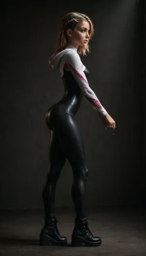 (((18 years old))), (((young))), (shy and embarrassed:1.4), (spider girl Gwen Stacy), Braided side shaved Hair, (tight outfit), (athletic body:1.3), (black high platform boots), (full body view from side), (skinny:1.2), (wide hips:1.3), (narrow waist:1.4), (blonde with pink strands), (clubfoot), (view from side:1.6), (makeup), ((pussy cameltoe:1.2)), wet, (shining wet clothes), (makeup:1.2), (oiled skin:1.5), (wet shining tight bodysuit:2), hand, 1girl, ((athletic ass:2)), (big natural breast:1.5), (high detailed face:1.5), dim lights, (chiaroscuro lighting:.3), <lora:HandFineTuning_XL:1>, <lora:MGLRbodysuit_sdxl:.6>, <lora:uberfit_lora_sdxl:.4>, <lora:dark:.3>, <lora:attractive_notrigger:.8>