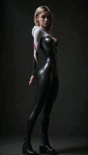 (((18 years old))), (((young))), (spider girl Gwen Stacy), Braided side Side Cornrows white Hair, (seductive shy face), (tied platform boots), (seductive sexy pose), ((tight outfit)), (athletic body:1.5), (athletic abs and legs:1.1), (hip gap:1.3), wide hips, (narrow waist:1.6), (white hair), (view from side:1.6), standing into the office, (makeup), ((pussy cameltoe:1.4)), (wet oiled clothes), (makeup:1.4), (oiled skin:1.7), (wet tight bodysuit:1.8), hand, 1girl, (athletic ass), (high detailed face:1.5), dim lights, (hard nipples:1.3), (big perky boobs:1.2), big breast, (chiaroscuro lighting:.3), <lora:HandFineTuning_XL:1>, <lora:MGLRbodysuit_sdxl:.6>, <lora:uberfit_lora_sdxl:.4>, <lora:dark:.3>, <lora:M0llY_PARK3R-000001:.8>