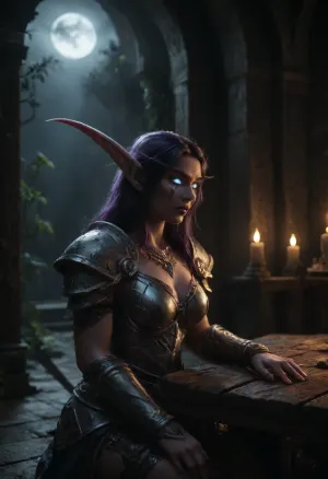 (Night elf woman, world of warcraft:1.3), dark clouds, forest floor, sitting, temple ruins, ruined temple setting, ivy hanging from walls, (fantasy sword standing aside), (ornate sword), ridged armor, oversized sword, ruined wood table, upper body, ruined pottery, purplehair, glowing blue eyes, heavily armored, heavy platemail armor, fantasy armor, jeweled armor, silver elven belt, ornate jeweled circlet, pale blue skin, <lora:dark:1>, <lora:darkfantasystyle:.8>, NEGATIVE_HANDS, cinematic, style, <lora:SDXL-World-of-Warcraft-cinematic-style-Lora-r32-000005:.8>, brazier, warm glow, glowing embers