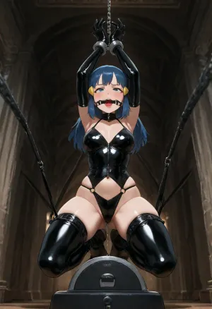 dawn_\, (pokemon\), Suspended in black leather sling, wrists cuffed overhead, ankles strapped to frame, Sybian machine positioned beneath, glossy latex lingerie glistening, mouth pried wide with ring gag, <lora:dawn_(pokemon)_v3:.8>