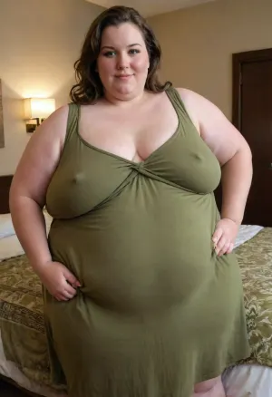 (masterpiece, best quality:1.2), very plus-size 1 milf, (((ssbbw))), ((oversized massive sagging bosom)), 42yo milf, solo, (olive green sundress, no bra, braless, sleeveless:1.2), pretty eyes, thick brown hair, bright blue eyes, slight grey in hair, in hotel room landscape, smiling, photorealism, perfect face, portrait, braless, Wearing, clothes, that, make, sense, with, fat bbw, body freckles, sagging belly, shapeless, saggy, (old big breasts, hanging deep, heavy boobs, big saggy old boobs, big teardrop shaped breasts, erect nipples), ((olive green sundress)), Braless>, big breasts, megachubsdxl, morbidly, obese, <lora:bralessSDXL_v1_00022:1>, <lora:megachubsdxl_13:.3>