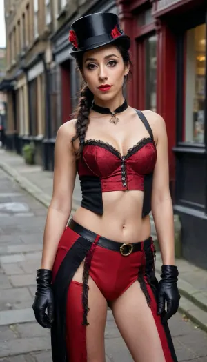 39 year old Oona Chaplin, (Olive Skin), freakles face and chest, English-Spanish Citizenship, her jet black hair in a ponytail, her jet black eyes brows, dark eyeliner, bright red lipstick, 34C chest, muscular body, six pack, cameltoe pussy, with a Lady's Victorian Top Hat with goggles, wearing SteamPunk Victorian costume, standing on the abandoned streets of Victorian London.