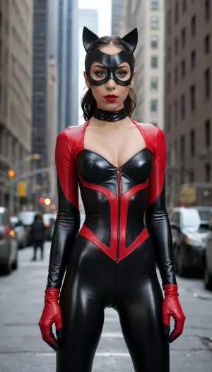20 year old Selina Kyle known as The Cat from The Dark Knight Rises, (Oona Chaplin), wearing her small car ears, her jet black hair in a ponytail, her jet black eyes brows, dark eyeliner, wearing her masked goggles, bright red lipstick, 34C chest, muscular body, six pack, cameltoe pussy, wearing skin tight black latex cat suit unzipped down the front, black latex gloves, down to her feet, standing on the streets of Gotham City.