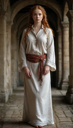 medieval England, a village, into old hut, a beautiful curvy mature milf, 40 year old, full-length image, peasant woman in a knee-length white linen shirt with a straight slit in the front and a turn-down collar, with wide sleeves without cuffs sewn in with gusset inserts, The sleeves of the shirt are decorated with bright embroidery at the bottom, long, narrowed at the wrist with stitched small folds, a woman wears a long dark skirt over the shirt and a light knee-length apron. The skirt gathers at the waist and is trimmed at the hem with bright braid, the apron is also decorated with braid, over this she wears a dark sweatshirt with long sleeves and a low neckline, fitted at the waist, a fringed shawl on her shoulders, Her head is covered with a scarf, her ginger hair is curled into temple braids, intertwined with wide ribbons, barefoot, plump, skindentation, chubby, bbw, venus, body, big, breasts, ass, dark, chiaroscuro, low-key, <lora:zavy-cntrst-sdxl:.5>, <lora:Chubby BBW - XL:.5>, <lora:tbh45-sdxl:.6>