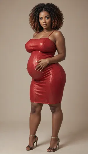 curvy tall pregnant african ssbbw, red satin bodycon mini dress, huge boobs, long curly red hair, <lora:milkers_v2:1.7>
