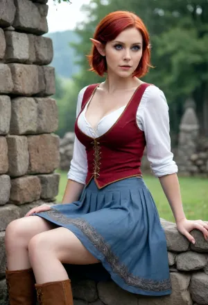 Elf woman, pointed elf ears, deep red hair in a bob cut, fair complexion, brown vest over a white long-sleeve shirt, long blue skirt with decorative gray flame-like patterns near the hem, sitting on a stone wall, gentle/confident expression, massive breasts, massive hips, cottage in the background, fantasy setting
