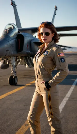 sexual, perfect skin, posing, sunset flight deck of USS Nimitz, female F-14 Tomcat pilot standing by her aircraft, wearing flight helmet and fully unzipped flight suit, (revealing thick pubic hair and perfect eound breasts, tan lines), adjusting aviator sunglasses with gloved hand, deck crew rushing behind her with tow tractors sweat on tanned skin, squadron patch, ("Black Widow"), on shoulder, steam from catapult obscuring distant aircraft, deck markings glowing in golden hour light, F-14 Tomcat with canopy open, weathered paint with oil streaks, yellow-shirted director signaling, jet blast deflector rising, backlit by setting sun, (dramatic silhouettes), orange deck lights activating, steam backlighting creating halos Tony Scott's Top Gun style, cinematic motion blur, 35mm film grain, (Kodak Vision3 500T color palette)