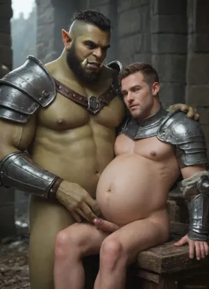 Dominant Pregnant human male king. Submissive orcish male knight. King being attended to by orc knight. King, Orc and king. Two men total. King wears robes. Knight in armor. Knight has green skin and tusks. King is human. King wears crown. Royalty and knight. Pregnant man. Mpreg. Fantasy. Orc's head resting on human's stomach. Orc is knight. King is human. Pregnant royal man. Gay romance. Orcish Knight is fully dressed. Fully armored orc. Orc is wearing a breastplate and chain. Submissive orc knight. Dominant human king. Dominant pregnant man. Courtly love. Interspecies relationship. Human is pregnant, not the orc. King has a penis