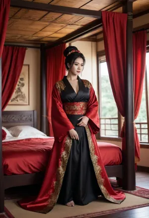 luxurious red silk bedsheets, dark bedroom, (ancient Japanese era empress in black yukata with red and gold embroidery, standing in front of bed), ((wooden canopy bed with red and golden accents bed curtains)), pitch black hair in a hair bun, arms crossed under massive breasts, leopard fur shawl, (Hyper breasts, top heavy, hyper thighs, hyper ass, wasp waist)