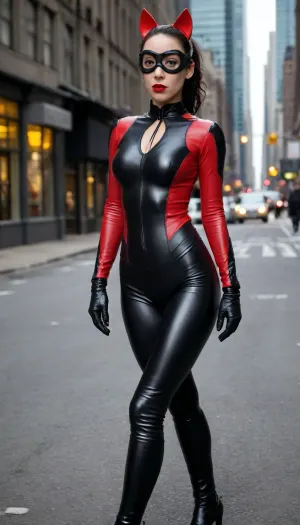 20 year old Selina Kyle known as The Cat from The Dark Knight Rises, (Oona Chaplin), wearing her small car ears, her jet black hair in a ponytail, her jet black eyes brows, dark eyeliner, wearing her masked goggles, bright red lipstick, 34C chest, muscular body, six pack, cameltoe pussy, wearing skin tight black latex cat suit, black latex gloves, down to her feet, standing on the streets of Gotham City.