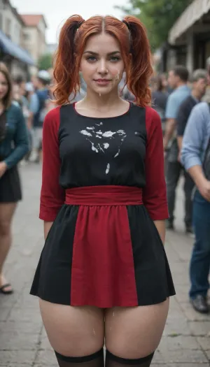 18+ pretty rave girl, smirking, no panties under her skirt, upskirt shot, camera looking up at her wet hairy pussy, small boobs, she is at a metall festival in the crowd, black tight tunic, 1 women, [grin], almond-shaped eyes, (red hair:1.5), two ponytails, looking at the viewer, BREAK, pretty, thin, plump buttocks, (round ass:.8), feminine, gap between thighs, perfect skin, (black tight tunic:1.4), (cum on cheast and face:1.5), (thick thighs:1.1), (fat:.9), huge pink areolas