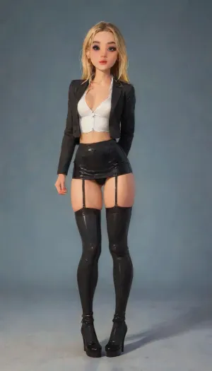 blonde long hair, (skinny athletic legs), (cute face:1.3), (face focus), (club foot), ((makeup)), standing

short black skirt, showcasing a sleek and modern fashion style. white crop blouse, (The blazer is buttoned at the waist), (black leather high-heeled boots over her thigh), ., ((stockings with latex garters:1.4)), perfect anatomy, best quality, 8k, insane details, intricate details, hyperdetailed, hyper quality, high detail, ultra detailed, professional, HDR, ray tracing reflection, cinematic lighting, highlydetailedbody, realisticface, highlydetailedhair, insanelydetailed, 8K.highdetailedskin, highresolution, perfectfingers, (j_cartoon:1.5), Drawing, 4ng3l, face, <lora:SDXL_BetterFaces-LoRA_v1:1>, <lora:detailed_notrigger:2>, <lora:samdoesarts1.1-000030:.4>, <lora:J_cartoon:.3>, <lora:Animated_Concept:.4>