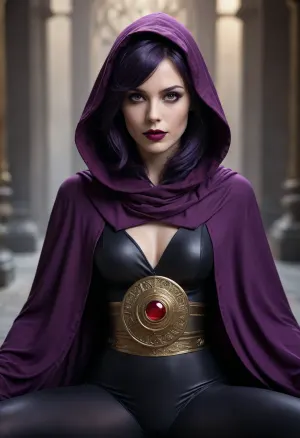 Female superhero, pale gray skin, medium/short dark purple hair, purple lipstick, dark purple hooded billowing cloak over a form-fitting black leotard, loose gold belt with a red gem, purple gloves, closed eyes, meditating, sitting in a relaxed pose, one leg crossed over the other, goth vibes, slightly floating, toned, hourglass figure