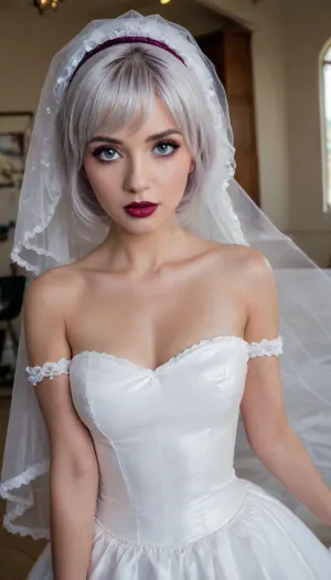 photo realistic, ((masterpiece)), ((best quality)), 8k, high detailed, ultra-detailed, detailed face, Stunning photo, highest quality, high viewing angle, 19 years old, insanely attractive face, I am a very bad depraved girl. I stretch my anus using special tools and equipment to produce large amounts of milk., (makeup:1.3), unreal blue eyelashes
my breasts swell, they overflow with milk, the nipples enlarge and the milk begins to flow, I connect a special device for collecting milk, ((dark purple lipstick with a bright burgundy lip outline)), (short haircut with bangs, shiny platinum hair), (((serial number stamp and QR code:1.3))), glitt3r, white, thighhighs, (short, hair:1.7), hair, on, one, eye, frills, puff, sleeves, (white, bridal, dress, veil:1.5), <lora:glitt3r:2>, <lora:Nier_Automata_2B_White_Wedding_Dress_Bride_Cosplay_Realistic_LoRA:1.4>