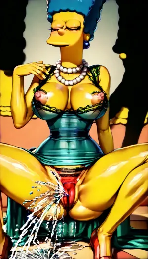 Solo milf, (MILF Marge Simpson from The Simpsons:1.5), (sitting pose, legs widely spread:1.3), (waist-up view:1.4), wearing, (tight-fitting classic green dress, hard nipples under the fabric, visible lace transparent red thong, cameltoe:1.4), (squirting through a thong:1.5), with, (red shoes partially visible:1.2), (pearl necklace:1.2), (frontal view:1.4), (moaning, soft expression, eyes closed:1.35), (classic Springfield kitchen background:1.3), (focus on upper body silhouette and chest:1.4), (subtle shadows and highlights enhancing curves:1.25), (blue hair in tall beehive hairstyle:1.45), (((cartoon yellow skin:1.8))), (((bright yellow skin:1.7))), <lora:add-detail-xl:2>, <lora:princess_xl_v2:.8>, <lora:DetailedEyes_V3:2>, <lora:Animated_Concept:.9>