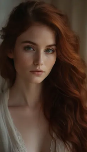 ziprealism, (sensual upper body portrait, intimate nude study, inn profile, young woman, pale skin, subtle freckles), (stylish vibrant auburn hair with dark roots, hair styled in textured layers, coppery highlights, voluminous hair, long delicate eyelashes:1.4), (serene and peaceful expression, contented eye contact, dreamy esthetic, ethereal quality:1.8), (large expressive eyes, soft facial features, full lips, soft pink lips:1.2), (large natural breasts, soft breasts, pale breasts, large areolas), (cinematic lighting, color grading, dappled light, shadowplay, rule of thirds, three quarters view:1.4), Stable-Yogis-Makeup-Enhancer-XL, ponychar3-RBSYPV3, <lora:ponychar3-0-RBSYPV3:.8>