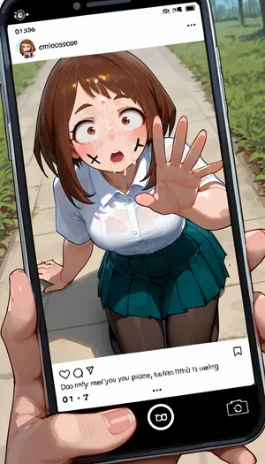 Ochako uraraka, white collared shirt, pleated skirt, black pantyhose, small breasts, Look a viewer, shocked, face covered cum, raising straight hand to block the viewer, blocking the view, facial cum, Kneeling, outdoor, Model, fully clothed, in phone screen, face writing