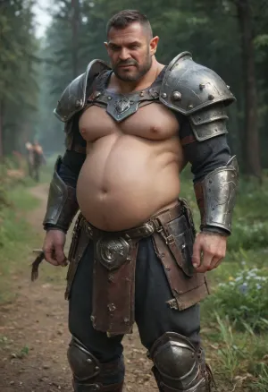 Pregnant male, onarmor, meatshield, fannypacking, man strapped to orc, <lora:onarmor_xl:.8>