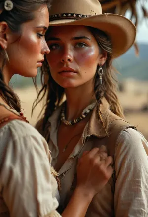 Photorealistic Wild West scene, intimate but calm moment between two women, medium close-up including upper bodies, cinematic natural lighting, shallow depth of field. A blonde, sun-kissed revolver heroine and an Indigenous American woman face each other in quiet connection. The Indigenous woman paints traditional war paint onto the heroine’s face using only her fingertips, no brushes, no tools, only her hands and small bowls of vivid natural pigments placed nearby. Her fingertips are richly stained with red, white, and ochre paint, wet texture, visible smears and fingertip strokes as she gently drags color across her friend’s skin. The revolver heroine has light skin, sun-tanned, subtle freckles, eyes softly closed, trusting and peaceful expression. She wears a weathered cowboy hat, a loosely tied neckerchief, a rough linen shirt with a few buttons open, and a worn vest, classic frontier clothing with realistic fabric texture. Her posture is relaxed and open. Opposite her stands the Indigenous woman with dark, rich skin tones, calm focused gaze. She wears a traditional headdress made of natural beads of varying sizes, real pearls, feathers, and a necklace crafted from bone beads, shells, and natural materials. Every element feels handcrafted and authentic. The background is softly blurred, revealing tipis and the quiet life of a Native American village. Warm earth tones, gentle wind, dust in the air. The entire image radiates stillness, respect, and cultural contrast. Ultra-high resolution, photorealism, realistic skin pores, flawless hands and fingers, natural color grading, no modern elements, Ensure no flaws in the hands and fingers, and create a scene full of authenticity and connection, (maximum detail), (super realistic photo:1.4), cloudy, smoke, atmospheric, clouds, fog, <lora:MJ52:.6>, <lora:Super_Eye_Detailer_By_Stable_Yogi_SDPD0:.3>, <lora:BUT_SDXL_SHS:.3>, <lora:Sweaty_Realism_4-000006:.8>, <lora:Cloudy_Style:.8>