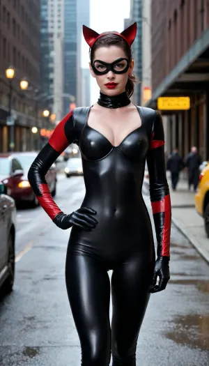 20 year old Selina Kyle known as The Cat from The Dark Knight Rises, (Anne Hathaway), wearing her small car ears, her jet black hair in a ponytail, her jet black eyes brows, dark eyeliner, wearing her masked goggles, bright red lipstick, 32C chest, muscular body, six pack, cameltoe pussy, wearing skin tight black latex cat suit, black latex gloves, down to her feet, standing on the streets of Gotham City.