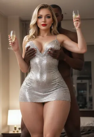 (masterpiece, best quality), (dimly lit:1.5), explicit interracial couple interacting in the bedroom. French woman, blonde hair, looking at the camera, 40 years old, ice blue eyes, (beautiful:1.8), smiling brightly, perfect detailed hands, holding up a full champagne glass in each hand, (sparkling diamond ring), (curvy:1.7), (((fertile goddess))), (wide hips:1.7), (big bubble butt), (thicc thighs), legs apart, perfect breasts, (small, natural, teardrop, B cup), perfect natural makeup, red lipstick, closed lips, sexy head-tilt, modelling pose, legs open, sexy long legs, ((sequin party dress, elegant minidress)), beautiful body, (((groped from behind))), groped, by, 1man, (tall:1.5), detailed brown eyes, (((male model face))), black African, black skin, muscular, athletic, (((groping her body from behind))), his massive masculine hands are groping her body, (groping:1.7), . Dimly lit bedroom, champagne bottle in ice bucket, dim lighting, lamp lighting, late night setting, modern decor, energetic tone, extremely low-angle shot, candid photography, front view 1/4 turned to the side, lighting from the front, desaturated colours, captured with a Leica M10, Leica Summilux 50mm f/1.4 lens, sharp focus, best shadow, score_9, score_8_up, 8K, UHD, clear image, extremely sharp, extremely detailed, extremely intricate detail, high res, ultra-high-definition, highly detailed, ultra-sharp textures, finely detailed, perfect skin texture, hyperrealistic lighting, professional photography, full dynamic range, deep contrast, high clarity, realistic depth of field, HDR, perfect exposure, smooth gradients, volumetric lighting, natural reflections, ultra-fine details, realistic skin pores, individual hair strands, bokeh, soft shadows, color-graded, shadow, minimalism, huge, ass, breasts, big, hips, narrow, waist, <lora:attractive_notrigger:1.5>, <lora:Realism_Lora_By_Stable_yogi_SDXL8.1:1.5>, <lora:EnvyShadowMinimalismXL01:1.5>, <lora:WildcardX-XL-Detail-Enhancer:1.5>, <lora:BodyLicious:1.5>