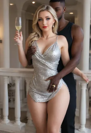 (masterpiece, best quality), (dimly lit:1.5), explicit interracial couple interacting on the balcony. French woman, blonde hair, looking at the camera, 40 years old, ice blue eyes, (beautiful:1.8), smiling brightly, perfect detailed hands, holding up a full champagne glass in each hand, (sparkling diamond ring), (curvy:1.7), (((fertile goddess))), (wide hips:1.7), (big bubble butt), (thicc thighs), legs apart, perfect breasts, (small, natural, teardrop, B cup), perfect natural makeup, red lipstick, closed lips, sexy head-tilt, modelling pose, legs open, sexy long legs, ((sequin party dress, elegant minidress)), beautiful body, (((groped from behind))), groped, by, 1man, (tall:1.5), detailed brown eyes, (((male model face))), black African, black skin, muscular, athletic, smart shirt and trousers, (((groping her body from behind))), his massive masculine hands are groping her body, (groping:1.7), . Dimly lit balcony, champagne bottle in ice bucket, dim lighting, late night setting, energetic tone, extremely high-angle shot, candid photography, front view, 1/4 turned to the side view, lighting from the front, desaturated colours, captured with a Leica M10, Leica Summilux 50mm f/1.4 lens, sharp focus, best shadow, score_9, score_8_up, 8K, UHD, clear image, extremely sharp, extremely detailed, extremely intricate detail, high res, ultra-high-definition, highly detailed, ultra-sharp textures, finely detailed, perfect skin texture, hyperrealistic lighting, professional photography, full dynamic range, deep contrast, high clarity, realistic depth of field, HDR, perfect exposure, smooth gradients, volumetric lighting, natural reflections, ultra-fine details, realistic skin pores, individual hair strands, bokeh, soft shadows, color-graded, shadow, minimalism, huge, ass, breasts, big, hips, narrow, waist, <lora:attractive_notrigger:1.5>, <lora:Realism_Lora_By_Stable_yogi_SDXL8.1:1.5>, <lora:EnvyShadowMinimalismXL01:1.5>, <lora:WildcardX-XL-Detail-Enhancer:1.5>, <lora:BodyLicious:1.5>