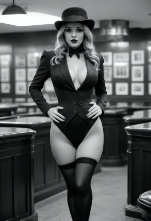 1920s, (female_gangster), beautiful, vintage, (monocrome:1.8), (low_resolution:1.7), (blurry:1.9), fullbody, vignette, (bottomless:1.9), stockings, garter, (hairy_pussy:1.3), (pussy:1.7), (open_coat), corset, (black_and_white), (black_fedora), speakeasy, bar, chubby, busty, (black_suit_coat)