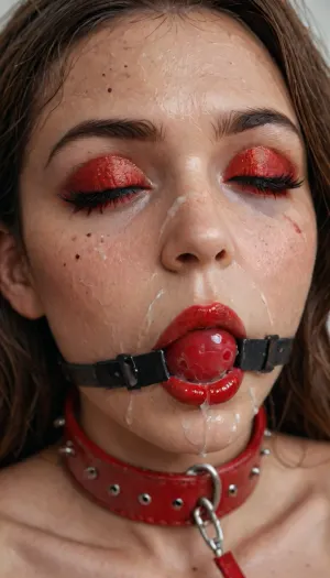 Model facing camera, close portrait, ((30 years old, italian girl, closed eyes, natural skin, skin pores)), ((slut makeup, eyeliner line, long thick eyeleash, black and red eyeshadow, dark red glossy lipstick, fard)), ((thick slave collar)), ballgag, bukkake, cum, <lora:add-detail-xl:1.3>, <lora:detailed_notrigger:1.2>, <lora:sdxl_ballgags:1.5>, <lora:MS_Real_XL_Bukkake:.8>, <lora:LCMTurboMix_Euler_A_fix:.6>