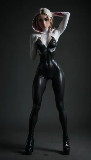 (((18 years old))), (((young))), (spider girl Gwen Stacy), Braided side Side Cornrows white Hair, (seductive shy face), (full body view:1.3), ((tied high platform boot)), (seductive sexy pose), (((tight wet outfit:1.3))), (athletic body:1.7), (athletic abs and legs:1.1), (hip gap:1.3), wide hips, (narrow waist:1.7), (white hair), (view from front:1.6), standing into the office, (makeup), ((pussy cameltoe:1.4)), ((wet oiled clothes:1.4)), (makeup:1.4), (oiled skin:1.6), (((wet tight bodysuit:1.5))), hand, 1girl, (athletic ass), (high detailed face:1.5), dim lights, (erected nipples:1.1), (hard nipples:1.1), (big natural perky boobs:1.1), (big breast:1.1), (chiaroscuro lighting:.3), <lora:HandFineTuning_XL:1>, <lora:MGLRbodysuit_sdxl:.6>, <lora:uberfit_lora_sdxl:.4>, <lora:dark:.3>, <lora:M0llY_PARK3R-000001:.8>