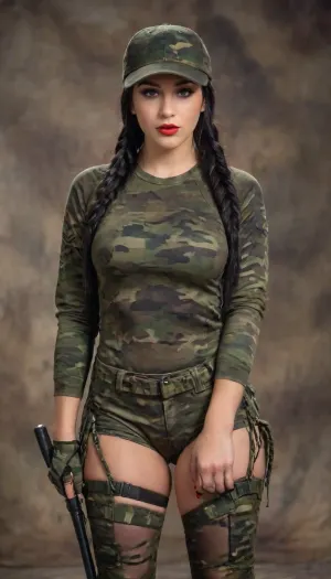 red lips, expressive eyes, black hair, long braids, camouflage baseball cap, camouflage top, camouflage stockings, no panties, <lora:Tact_Perp2:.8>