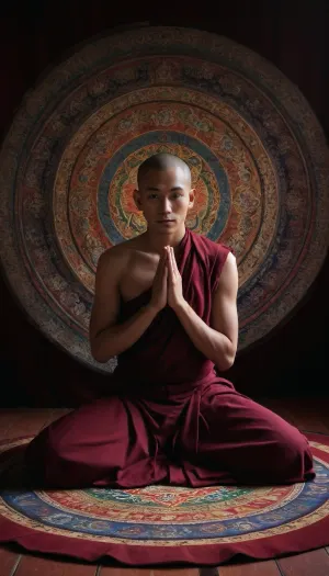 tibetan mandala, plenty of colours, monk kneeling, tibetan deity standing near it, hypnotic