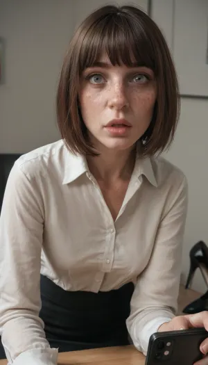 (masterpiece, best quality, ultra detailed, photorealistic, highres, extreme realism), (mature woman Anna 40 years old, (dark straight medium bob hair with bangs), (thin narrow triangular face, narrow long nose, feint small amount of freckles across nose, thin narrow lips, dark grey eyes, caucasian, no makeup), petite skinny body, (skinny:1.3), natural small flat sagging tits, no tattoos), look a viewer, shocked, (wearing white blouse, black skirt, black tights, heels), in office, in phone screen, (raising straight hand to block the viewer:1.3), (blocking the view:1.3)