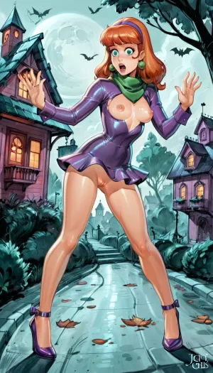 (Daphne from Scooby Doo:1.2), adult woman, 22 years, (dynamic pose), (surprised expression), (small breasts), (purple long-sleeve mini dress), fitted silhouette, (green scarf tied around the neck), purple low-heeled shoes, elegant retro fashion style, (ripped clothing), (perky nipples), (shaved pussy), -----------------------------------------------, spooky house, (reiq style), <lora:cartoon_stickers_xl_v1:2>, <lora:ratatatat74-000050:2>, <lora:detailed_notrigger:2>