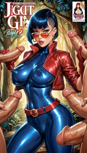 ((reiq style:1)), (((The porn Magazine "BIG TITS"))), The cover page, the headline is "BIG TITS become NO.1 " and the cover ASIAN lady is pretty, aidmaRealisticPeoplePhotograph., raw, lighting, overexposed, harsh, flash, forest background, (blue short hair), red sunglasses, light-colored perfect eyes, dynamic pose, extremely intricate details, masterpiece, epic, f/2.8, (massive natural breasts:1.3), (multiple dicks), (((tight fitting glossy blue high cut bodysuit))), (red bomber jacket), (red belt, red gloves), <lora:SDXLHighDetail_v6-000005:.8>, <lora:Rawfully Stylish v0.2_epoch_20:.8>