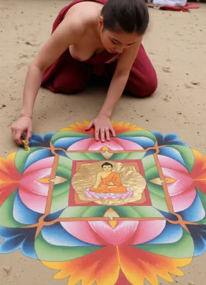 A young Tibetan nun-artist, wearing a toga that slipped off one breast in the process, draws a sacred mandala on sand using multicolored sand made of crushed gemstones. At the center of the mandala is the Buddha, seated in the core of a lotus. Surrounding layers include a ring of multicolored lotus petals, done in tones. The mandala is not yet complete, there is no outer circle. Highly detailed symmetrical composition, rich mineral pigments, authentic Himalayan Buddhist art style, meditative atmosphere.