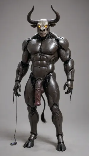 muscular male android, transparent robotic parts with glowing lights, mechanical body parts, guns in hand, fixed stare straight ahead, full body view. 1solo furry cyborgbull, solo, full body view, front view, full figured big anthro robot bull exposes its self, huge knotty cock, big ass, wide open asshole, hard erection, full exposed, hooves, horse phallus, horse penis, equine cock. Bovine android. Horns. Bulky. Flared cock. Bulky. Cow tail. Minotaur android. Cyborg Minotaur. Robot penis. Metal skin. Chrome plated. Exposed wires. Metal horns. Robot with a bull head. Mechanical body. Robot body, transparent skull with visible brain. Cute cow face. Bovine head shape. Hooves. Metal body parts. Robot arms. Cybernetic implants. Glowing light in chest. Metal skin. Chrome skin. Robotic legs. Metal hooves. Sci-fi. Metal face. Glowing robot eyes. Mostly robotic. 25% flesh. Metal cock. Visible robo joints