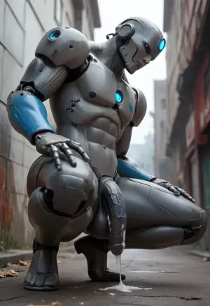 a male robot, robot, not human, dark plastic skin, with a big dark penis, curved down, flaccid, dripping blue luminous cum, squatting, legs wide open, side view, seen from below, full body image. robot is huge, imposing, strong, industrial strength, 10feet tall.