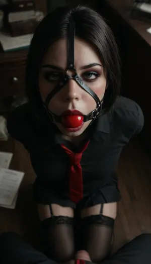 pov, (30 years old, green eyes, bob cut black hair, orgasm, pale skin, light skin, skin pores, tonic legs, muscle long legs), ((slut makeup, eyeliner, eyeshadow, dark glossy lipstick, blush)), ((red necktie)), ((black suit, white Open shirt, pleated skirt, lace blace thong)), ((stockings, garter, hairband)), (platform highels heels), ((slave collar)), ((face harness gagged mouth:1.5)), ((hands cuffed behind back)), ((office)), harnessgag, <lora:add-detail-xl:.8>, <lora:detailed_notrigger:.8>, <lora:dark:.6>, <lora:harnessgag_xl-000003:1.2>, braless, Wearing, clothes, that, make, sense, with, Braless>, <lora:bralessSDXL_v1_00022:.8>