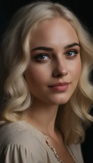 zip realism, (Slavic woman, Ukrainian beauty:2), (sensual portrait, intimate artistic study, shot in profile, young woman, pale skin, subtle freckles), (stylish platinum blonde hair with dark roots, hair styled in textured layers, dark eyebrows, voluminous hair, thick gorgeous hair, long delicate eyelashes:1.4), (loving expression, adoring eye contact, soft bashful smile, dreamy esthetic, ethereal quality:1.8), (expressive eyes, stunning blue eyes, limbal rings, Slavic facial features, full lips, soft pink lips:1.2), (cinematic lighting, color grading, dappled light, shadowplay, short focal length, layered composition:1.4), Stable-Yogis-Makeup-Enhancer-XL