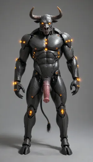 muscular male android, transparent robotic parts with glowing lights, mechanical body parts, guns in hand, fixed stare straight ahead, full body view. 1solo furry cyborgbull, solo, full body view, front view, full figured big anthro robot bull exposes its self, huge knotty cock, big ass, wide open asshole, hard erection, full exposed, hooves, horse phallus, horse penis, equine cock. Bovine android. Horns. Bulky. Flared cock. Bulky. Cow tail. Minotaur android. Cyborg Minotaur. Robot penis. Metal skin. Chrome plated. Exposed wires. Metal horns. Robot with a bull head. Mechanical body. Robot body, transparent skull with visible brain. Cute cow face. Bovine head shape. Hooves. Metal body parts. Robot arms. Cybernetic implants. Glowing light in chest. Metal skin. Chrome skin. Robotic legs. Metal hooves. Sci-fi. Metal face. Glowing robot eyes. Mostly robotic. 25% flesh. Metal cock. Visible robo joints
