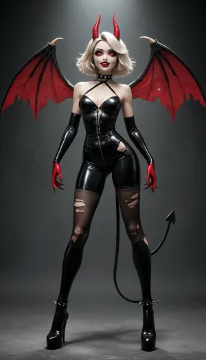 Full body, female cartoon character design, hazbin hotel style, helluva boss artstyle, extremely curvaceous, hourglass figure, exposed cleavage, tight revealing clothing, vivienne medrano character design, 1920s-1930s fleischer studios rubber hose, modern adult animation, extremely expressive cartoon proportions, huge shiny eyes with detailed irises and long eyelashes, tiny sharp-toothed mouth, exaggerated sharp facial features, demonic anthro features, horns, tails, wings, multiple eyes, sharp claws, jagged teeth, seductive, grotesque, bright neon color palette, vivid red-pink-purple-black dominant tones, high contrast shading with bold black outlines, detailed gothic-baroque-kitsch demonic fashion, ripped stockings, spiked chokers, asymmetrical designs, exaggerated curves and muscular limbs, playful yet menacing expression, detailed background elements like chains, pentagrams, cracked mirrors, vintage circus aesthetic, ((2D)), flat colors, flat shadow s, illustration, HazbinStyle, animation style, cartoon, character, old cartoon style, <lora:Hazbin_Style:.8>, <lora:outline_xl_kohaku_delta_spv5x:.5>