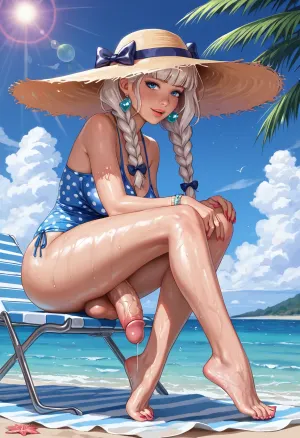 Score_7_up. No clothes. Beach. Futanati, Large hanging balls, Squeezes tits, sitting on a sun lounger

Beautiful body. Many details. Big bubble but. Vein on cock. Precum dripping. dripping sweat.

Huge oversized silicone boobs., Realistic details. Realistic cock, realistic face. Two long braids. Voluminous hair. Huge hips. Feet. Anime

erect-futa, veiny, penis, futanari, bottomheavy, ass, gigantic, thick, thighs, massive, large, breasts, big, boobs, huge, tits, <lora:bombshell_v2:.8>