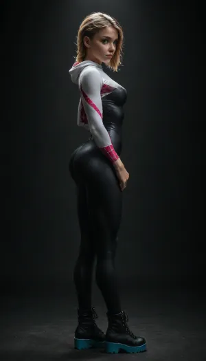 (((18 years old))), (((young))), (shy and embarrassed:1.4), (spider girl Gwen Stacy), Braided side shaved Hair, (tight outfit), (athletic body:1.3), (black high platform boots), (full body view from side), (skinny:1.2), (wide hips:1.3), (narrow waist:1.4), (blonde with pink strands), (clubfoot), (view from side:1.6), (makeup), ((pussy cameltoe:1.2)), wet, (shining wet clothes), (makeup:1.2), (oiled skin:1.5), (wet shining tight bodysuit:2), hand, 1girl, ((athletic ass:2.5)), (big natural breast:1.5), (high detailed face:1.5), dim lights, (chiaroscuro lighting:.3), <lora:HandFineTuning_XL:1>, <lora:MGLRbodysuit_sdxl:.6>, <lora:uberfit_lora_sdxl:.4>, <lora:dark:.3>, <lora:attractive_notrigger:.8>